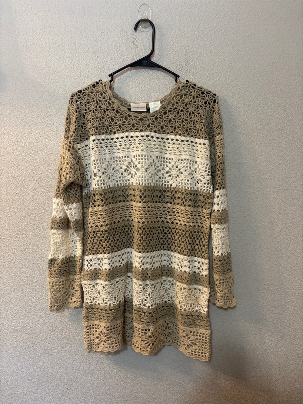 Styles to Go Crochet Open Knit Stripe Sweater Tunic in Beige & Cream